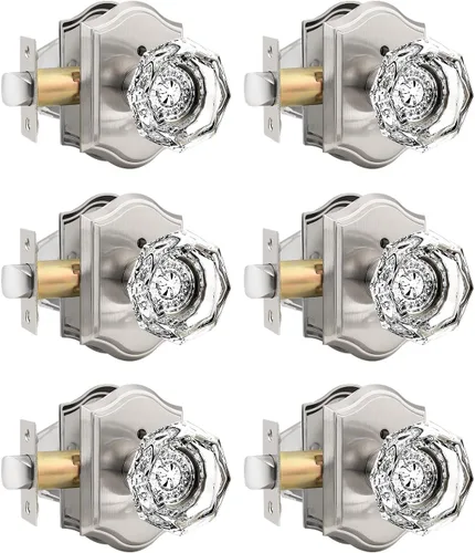 Vista 37 de Gobrico Juego de pomos de puerta de vidrio transparente para interiores, cerradura de puerta de cristal de diamante de privacidad en latón antiguo