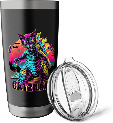 Vista 5 de Streetwear Synthwave 80s 90s Catzilla Cat Japanese teen Stainless Steel Insulated Tumbler Black