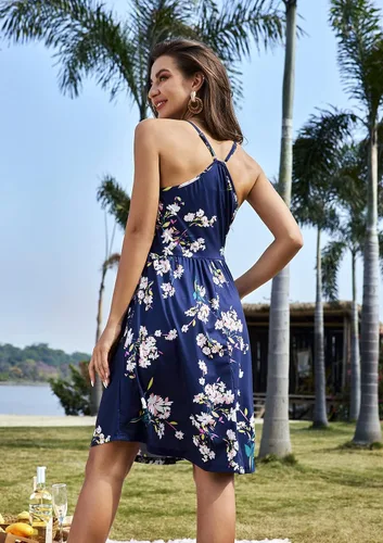Vista 5 de KILIG - Vestido de verano casual para mujer por debajo de la rodilla, abotonado, con tirantes delgados y bolsillos