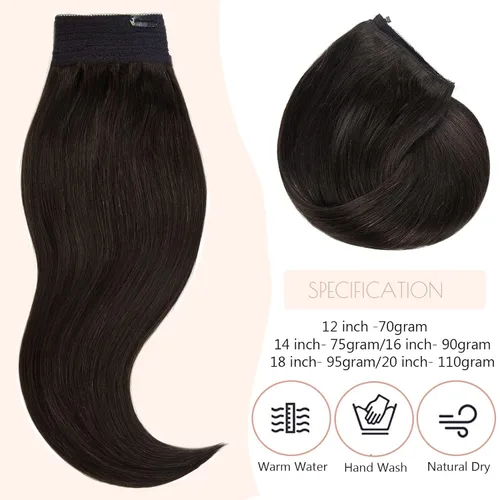 Vista 3 de Extensiones de cabello con alambre, color negro natural, 14 pulgadas, 2.65 oz, 100% cabello humano real, extensión de cabello invisible