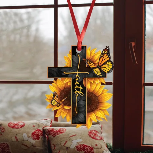 Vista 4 de Talataca Fe Girasol Dios Jesús Cruz Cristiana Mariposa 2D Espejo Retrovisor de Coche Plano Accesorios Adorno Árbol de Navidad Decoración Colgante