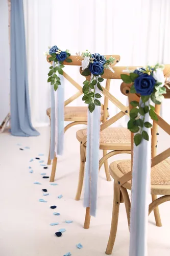 Vista 3 de Arreglo floral de pasillo para la ceremonia de la boda, juego de 10 flores para sillas de la iglesia, decoración para fiestas con flores Azul