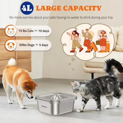 Vista 3 de Pawtners Fuente de agua para gatos de acero inoxidable 4L/140 onzas con 6 filtros de repuesto y 8 paquetes de filtros de repuesto