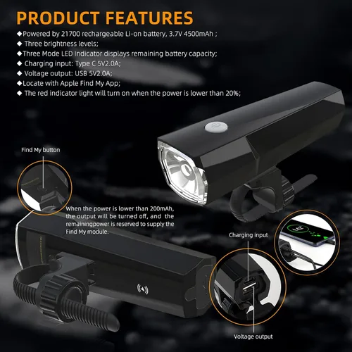Vista 6 de Bike Light Headlight 1200lumens 10W CREE led, Compatible with Apple FindMy APP, 3+1Modes，Front Bicycle Light Rechargeable Waterproof for Road
