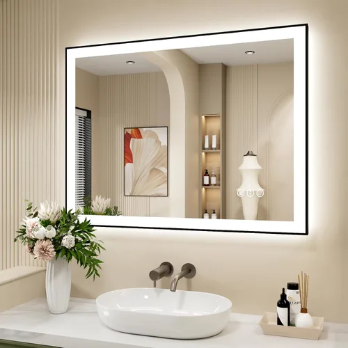 Vista 45 de Espejo de baño LED de 24x28 pulgadas con marco negro, espejos de baño retroiluminados y con luz frontal para pared, antiempañamiento, regulable