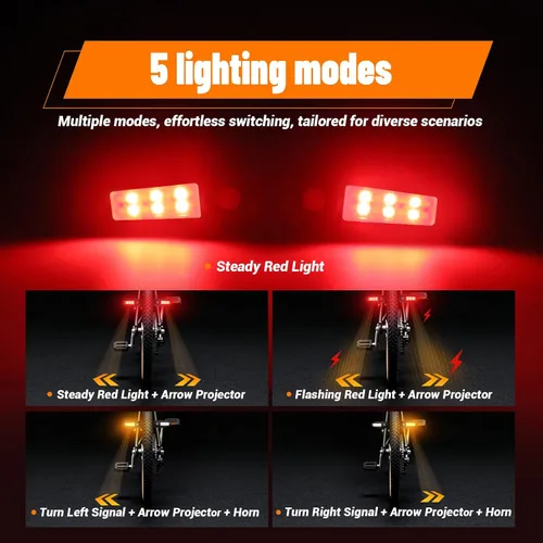 Vista 3 de Señales de giro para bicicleta con proyector, 5 modos de luz trasera de bicicleta recargable por USB, control remoto, impermeable, dividida, ebike