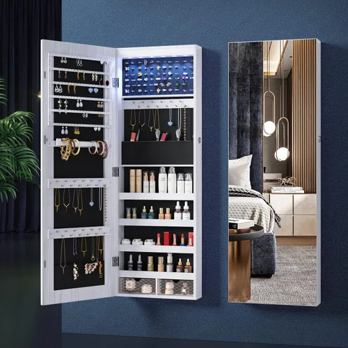 Vista 7 de Lvifur - Armario de joyería con 6 luces LED armario para las joyas montado en la pared o en la puerta con un espejo de longitud completa organizador
