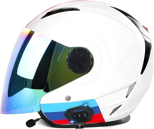 Vista 13 de Casco Bluetooth para motocicleta 3/4, casco retro abierto con visera solar, casco de moto Jet para hombres y mujeres adultos, casco aprobado por DOT
