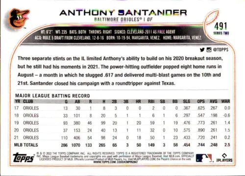 Vista 2 de 2022 Topps #491 Anthony Santander Baltimore Orioles Series 2 MLB Baseball Trading Card