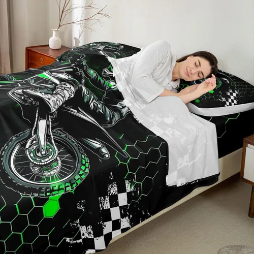 Vista 2 de Castle Fairy Juego de sábanas de motocross tamaño twin, juego de ropa de cama verde con diseño de panal ombré, decoración de habitación de niños
