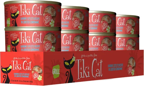 Vista 2 de Tiki Cat Grill - Alimento húmedo bajo en carbohidratos con mariscos enteros en caldo para gatos y gatitos adultos, 2.8 onzas, 12 unidades, sardina