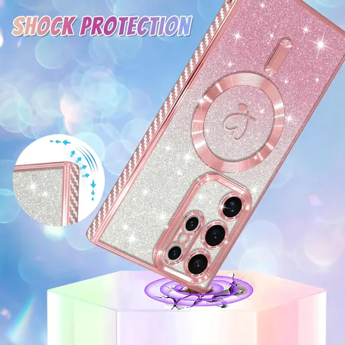 Vista 625 de Bonoma - Funda compatible con Samsung Galaxy S21 Plus, diseño de corazón con purpurina, color rosa Support for MagSafe, Plating Magnetic Case TPU