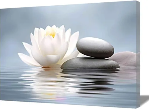 Vista 7 de QIXIANG Arte de pared Zen con piedras negras y flores de loto blanco, impresiones sobre lienzo para yoga, spa, meditación, decoración de baño