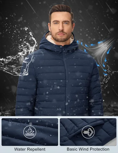 Vista 19 de MAGCOMSEN Chaqueta acolchada para hombre con capucha, forro de vellón, chaqueta térmica resistente al agua, chaqueta de plumón con cremallera
