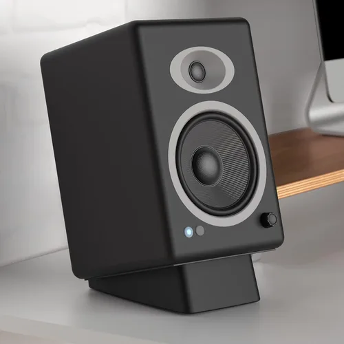 Vista 8 de HumanCentric Soporte de altavoz de escritorio para altavoces medianos, elevador en ángulo de silicona antivibración para computadora, estantería