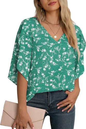 Vista 12 de Blusas de gasa con mangas 3/4 arrugadas de otoño para mujer de Jouica 01amy Verde