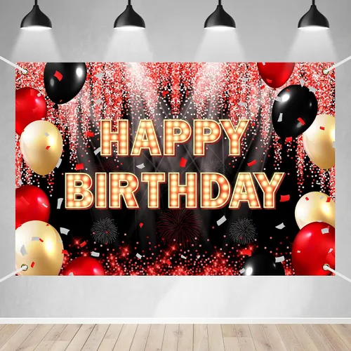 Vista 21 de Telón de Fondo Banner de Feliz 10º Cumpleaños Tema Negro y Rojo con Fondo de Neón Brillante y Moda para Fiesta de Cumpleaños Fotografía Accesorio