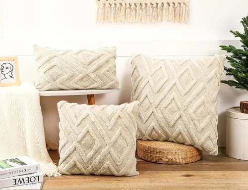 Vista 4 de Juego de 2 fundas de almohada de piel sintética beige de 16x16, funda de almohada decorativa de cuadros suave estilo boho para sofá, cama, sala