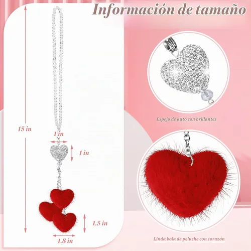 Vista 2 de Frienda Espejo retrovisor rojo para mujer, accesorios brillantes con forma de corazón con diamantes de imitación para colgar en el espejo trasero