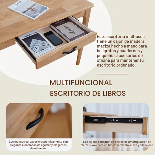 Vista 3 de Escritorio de madera maciza con cajones, escritorio de computadora de madera para oficina en casa, escritorio de estudio de juegos para espacios