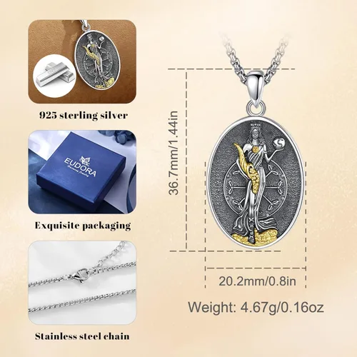 Vista 34 de EUDORA Collar de plata de ley 925 con moneda Hécate, Athena, Perséfono, Nyx, diosa de la luna triple, diosa celta, rueda de Hécate, llave, regalo