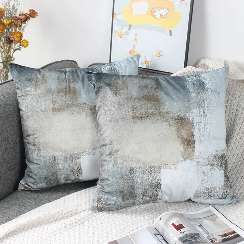Vista 9 de OYIMUA Juego de 2 fundas de almohada azules de 16 x 16 pulgadas, modernas fundas de almohada abstractas azules y grises para sofá, fundas