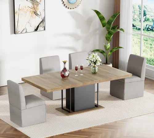 Vista 11 de Juego de mesa de comedor extensible para mesa de cocina extensible de 4, 5 piezas y 4 sillas de almacenamiento ocultas de lino tapizadas de madera
