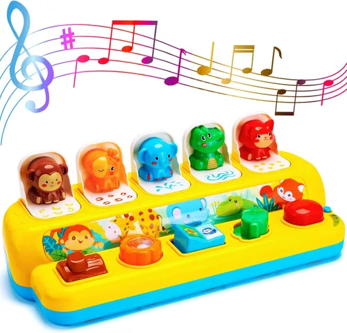 Vista 7 de Juguetes interactivos emergentes de animales con música y luz, juguetes Montessori de causa y efecto para niños y niñas de 1 año, juguete musical