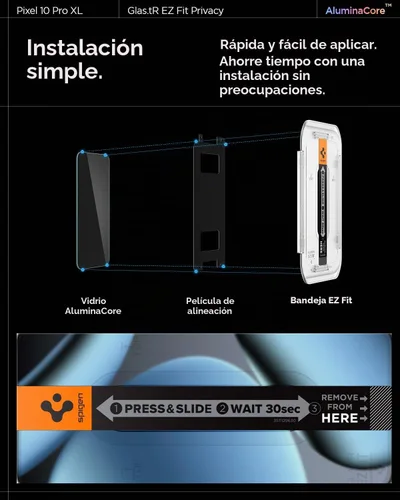 Vista 6 de Spigen GlasTR EZ FIT - Protector de pantalla de privacidad para Pixel 10 Pro XL/9 Pro XL AluminaCore, Aluminum-enhanced 10H+ tempered glass