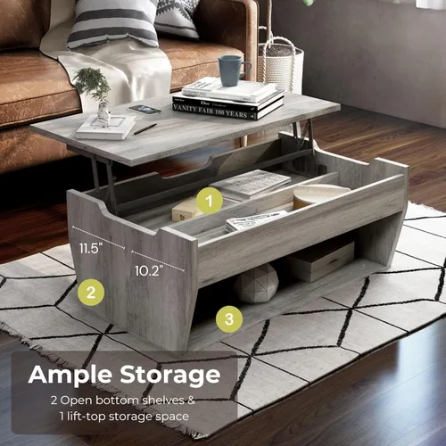 Vista 6 de 24/7 Shop at Home Pavie - Mesa de centro elevable de 42 pulgadas para comedor, diseño de granja con mesa ajustable en altura, almacenamiento Gris