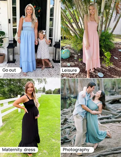 Vista 5 de ZESICA - Vestido largo bohemio de verano para mujer, diseño acampanado, con tirantes delgados, cuello cuadrado y volantes, para la playa, unicolor