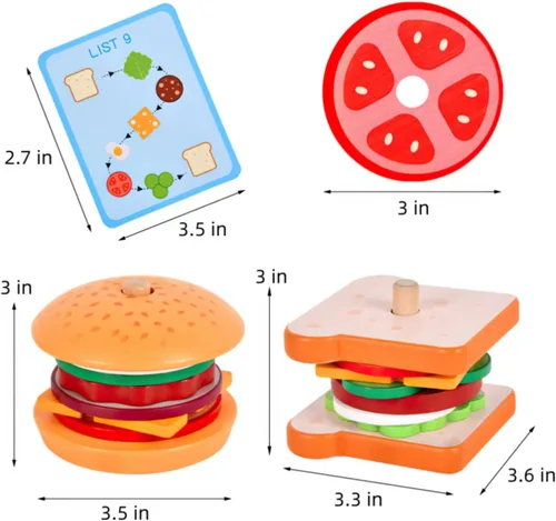 Vista 4 de Juguetes de hamburguesas de madera para apilar para niños, alimentos de juego Montessori para niños pequeños, juguetes educativos para niños de más