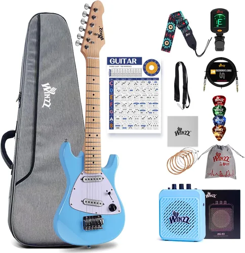 Vista 14 de Winzz - Guitarra eléctrica para niños de 30 pulgadas, kit para principiantes, guitarra eléctrica mini de tamaño 1/4 para niños, juego completo