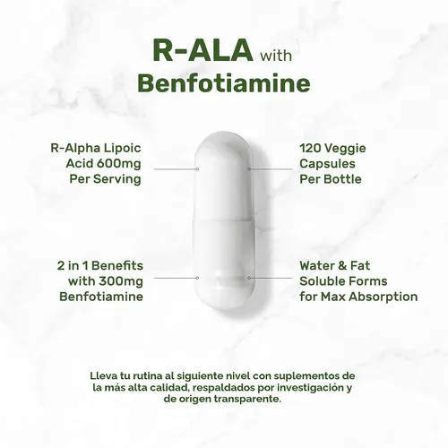 Vista 3 de DEAL SUPPLEMENT R Ácido alfa lipoico 600 mg con benfotiamina 300 mg por porción, 120 cápsulas vegetales – 200 mg de R-ALA por cápsula – Suplemento