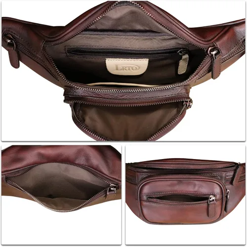 Vista 7 de Cangurera de cuero genuino para mujeres y hombres, riñonera de cuero, bolso bandolera de moda, bolso cruzado de hombro, mochila (café)
