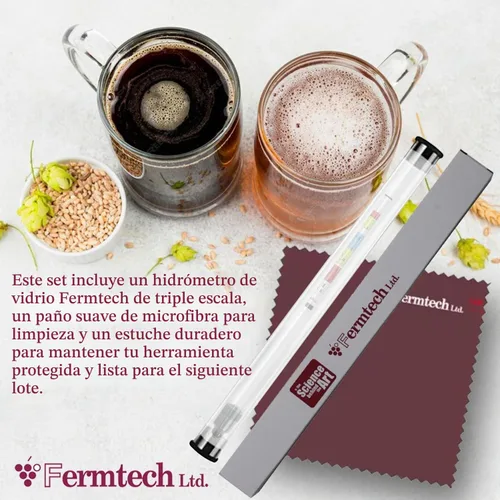 Vista 2 de Fermtech Kit de Hidrómetro de Triple Escala de Vidrio - Prueba ABV, Brix, gravedad para vino, cerveza, hidromiel y kombucha, con paño de microfibra
