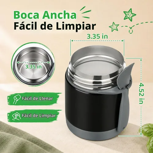 Vista 5 de Termo de sopa de 10 onzas para comida caliente para niños, tarro de comida aislado, contenedor térmico de almuerzo de comida caliente, caja de Negro