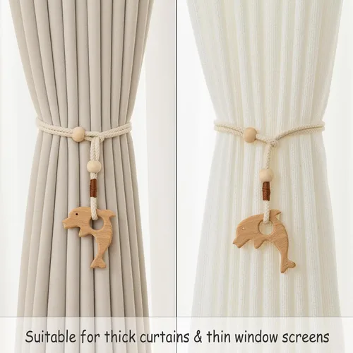 Vista 3 de Abrazaderas de madera para cortinas de animales, cuerdas de algodón, para tratamiento de ventanas con cuentas de madera natural para decoración