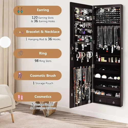 Vista 3 de COSTWAY Armario de joyería con espejo organizador de joyas montado en la pared con espejo de longitud completa y 2 luces LED armario de joyería