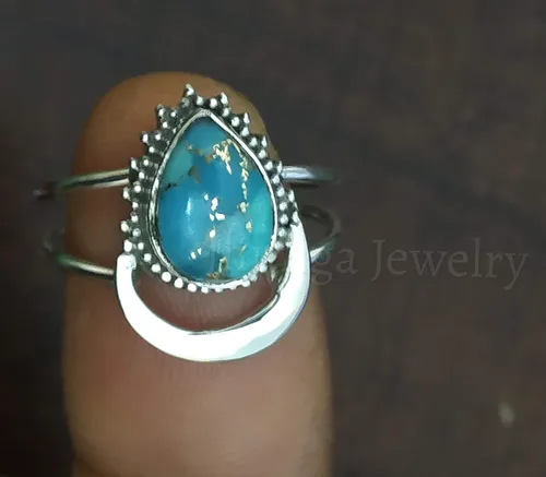 Vista 7 de Anillo azul de cobre turquesa, plata de ley 925, anillo en forma de media luna, anillo de dos bandas, Boho Chic, joyería de boda de promesa, anillo