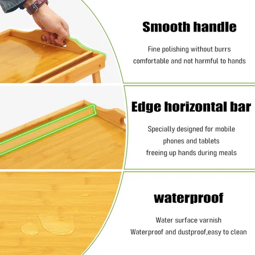 Vista 5 de Mesa Bandeja para Cama Bandejas de Desayuno Bandeja de Servir Altura Ajustable para Comer Cama de Bambú Laptop Plegable Patas con Asas y Soportes