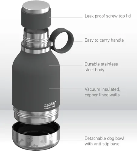 Vista 4 de Asobu - Recipiente para perros unido a una botella de viaje aislante de acero inoxidable para humanos de 37oz/1.1 litros con recipiente para perros