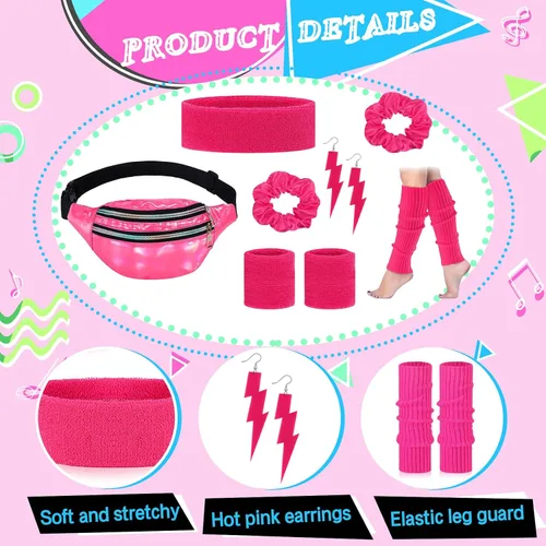 Vista 2 de Juego de accesorios para disfraz de entrenamiento de neón de los años 80, 10 unidades, calentadores de piernas para mujer, diadema de los años 80