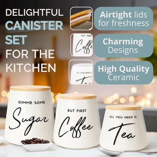 Vista 6 de Juego de recipientes de cocina herméticos de 3 piezas Juego de recipientes de cerámica para café, té, azúcar con tapas de bambú