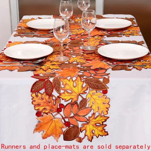 Vista 3 de Camino de mesa bordado de hojas de otoño para Acción de Gracias, decoraciones de cosecha de otoño (14 x 34 pulgadas)