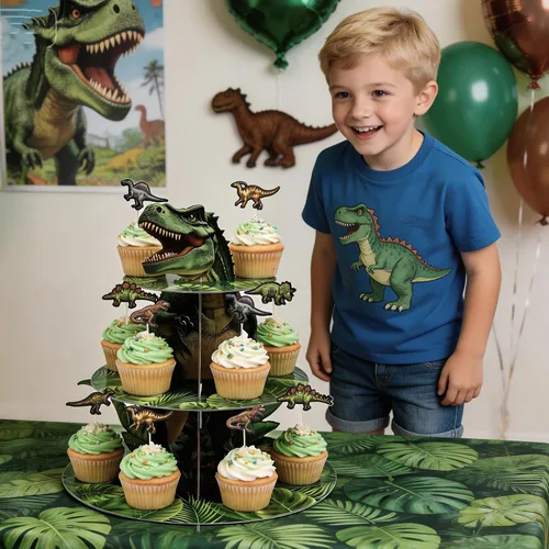 Vista 5 de BEISHIDA Soporte para cupcakes de dinosaurio de 3 niveles, decoración de fiesta, temática de dinosaurio, soporte para cupcakes, 12 piezas
