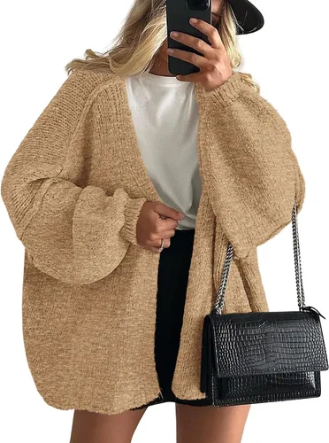 Vista 29 de PRETTYGARDEN Suéteres tipo cárdigan de gran tamaño para mujer Albaricoque
