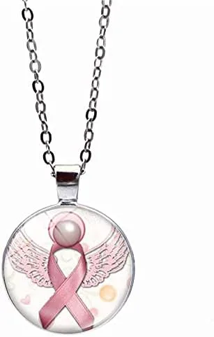 Vista 3 de GANGYUN Juego de collar y aretes de lazo rosa con alas de ángel volador para mujer, joyería de concientización sobre el cáncer de mama con flores