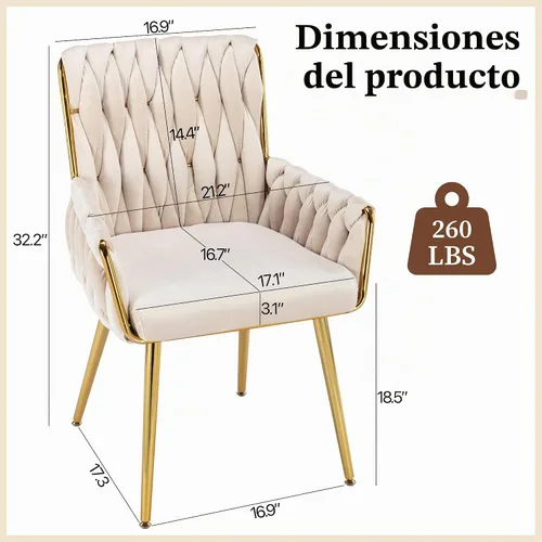 Vista 3 de Silla de escritorio de terciopelo, taburete de tocador, sin ruedas, moderno sillón dorado con patas de acento