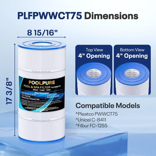 Vista 2 de POOLPURE Filtro de spa para piscina que reemplaza PWWCT75, Ultral-B6, Unicel C-8411, Filbur FC-1255, Waterway 817-0075N, Waterway Clearwater II 75
